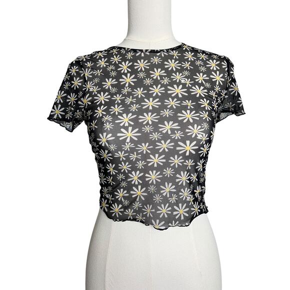 H&M Tops - H&M Divided Mesh Crop T-Shirt Teens Small Black Daisy Floral Sheer Festival